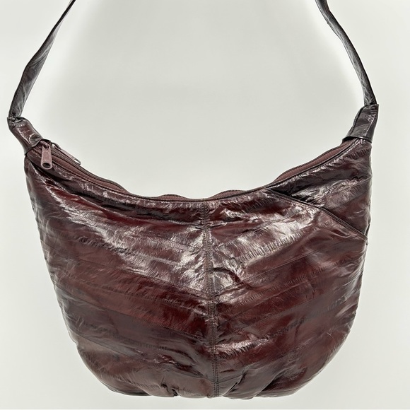 Womens Leather Eel Skin Handbag Hobo Shoulder Size M Zip Soft Luxe Boho Vintage - Picture 7 of 13